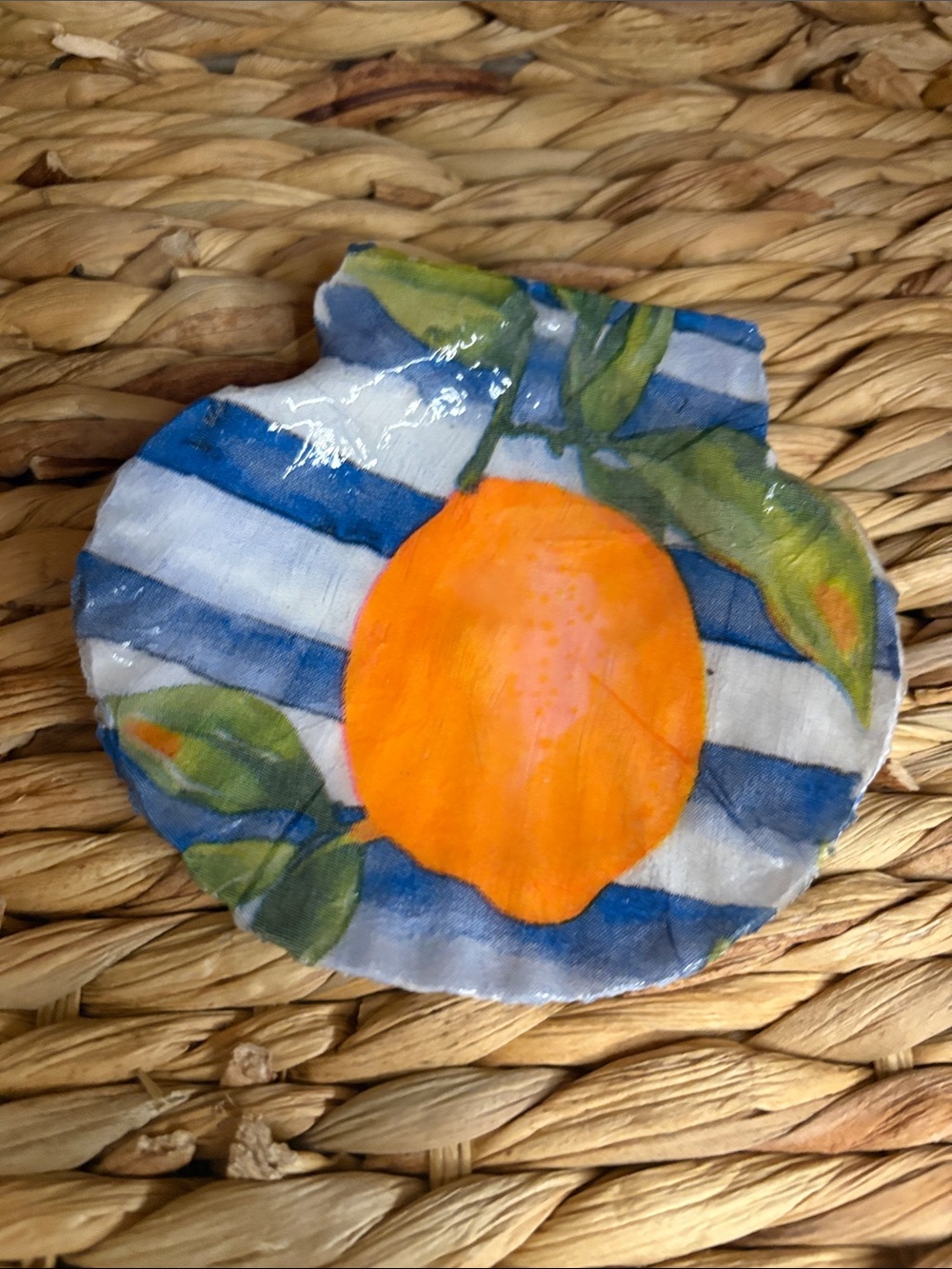 Hand Crafted Orange Motif Shell Accent with Blue Stripes